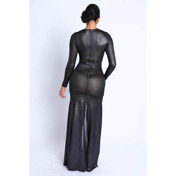 Womens Glitter Shirring Detailed Slit Cutout Maxi Dress Club Party Black Dress - Picture 6 of 11